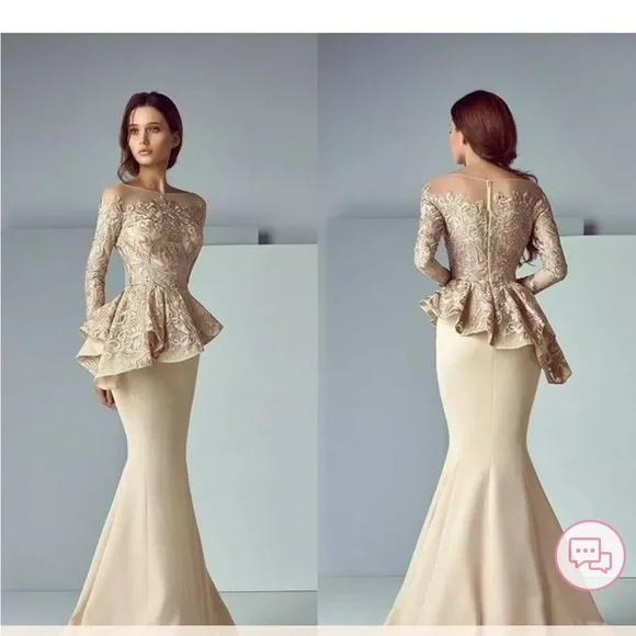 Formal Champagne Peplum Style Evening Gown for Weddings & Parties -  size 10 - Picture 2 of 6